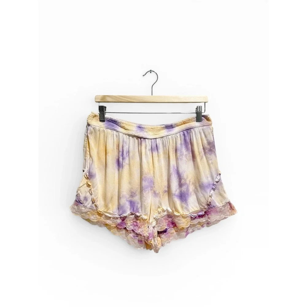 Anthropologie Tie Dye Lace Trim Smocked Lounge Shorts Large
